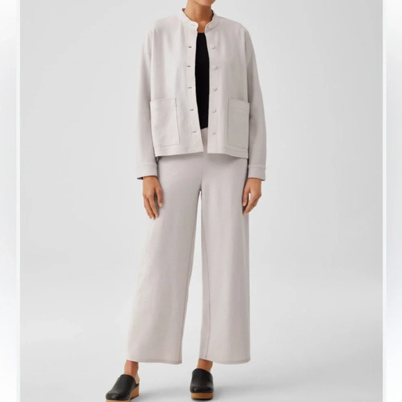 Women’s Eileen Fisher Chalk wool mandarin collar jacket and pants, beige, Large - Picture 1 of 8